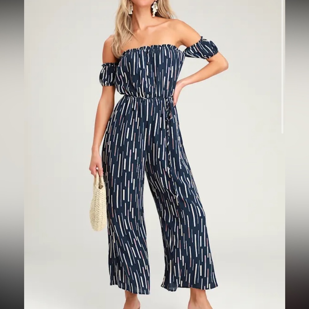 Lulu's Navy Off-Shoulder Wide-Leg Jumpsuit with Linear Print